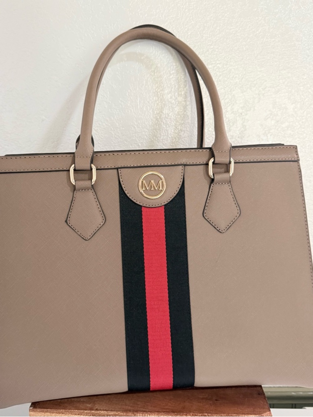 Marilyn Monroe Taupe Tote with Black and Red Center Stripe